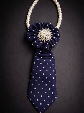 Navy Polka Dot Pearl Pendant Necklace with Rhinestone Pearl Brooch